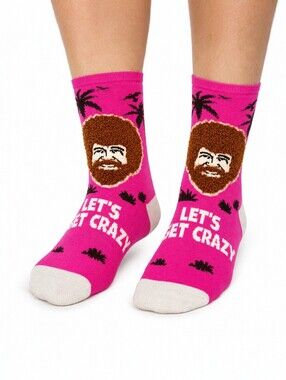 Bob Ross The Joy Of Painting Fuzzy Head Unisex Pink Novelty Crew Socks